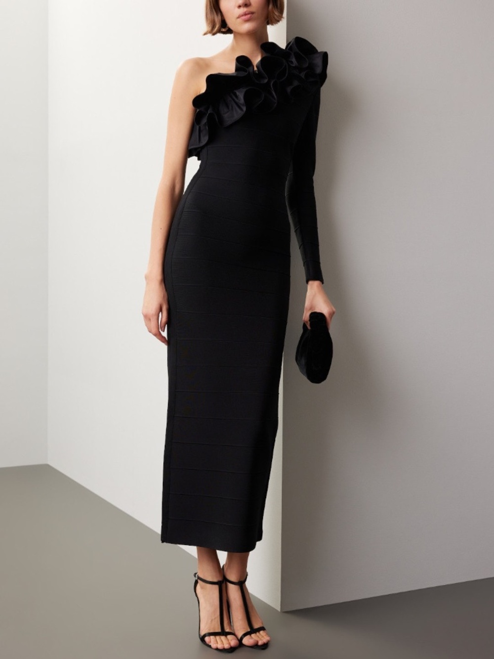 Herve Leger Asymmetrical Ruffle Gown Black One Shoulder Bandage Dress Maxi LARGE